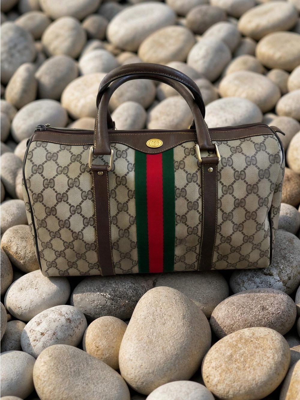 Gucci Beige Monogram Duffel with Green and Red Web Stripe